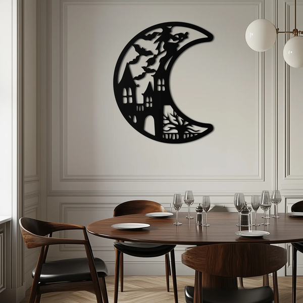 Haunted Moon Halloween Metal Wall Art - Witch & Castle Silhouette - KAF274
