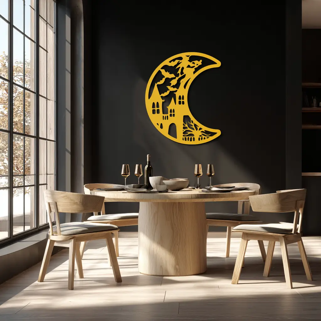 Haunted Moon Halloween Metal Wall Art - Witch & Castle Silhouette - KAF274 by Enova Art