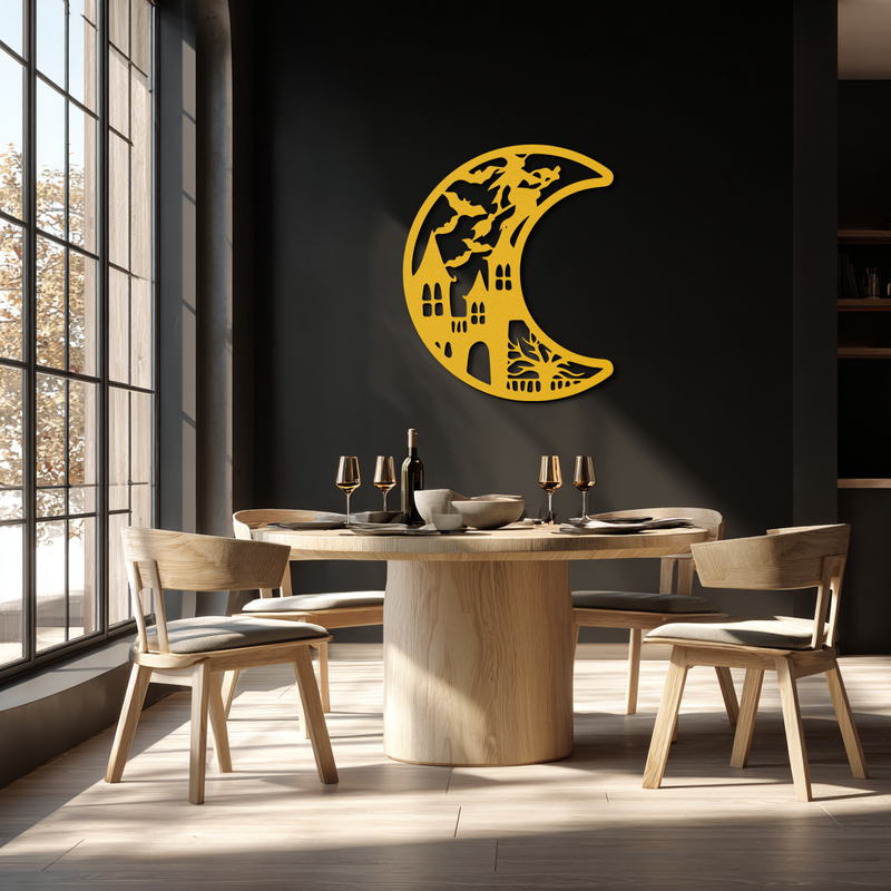 Haunted Moon Halloween Metal Wall Art - Witch & Castle Silhouette - KAF274 by Enova Art