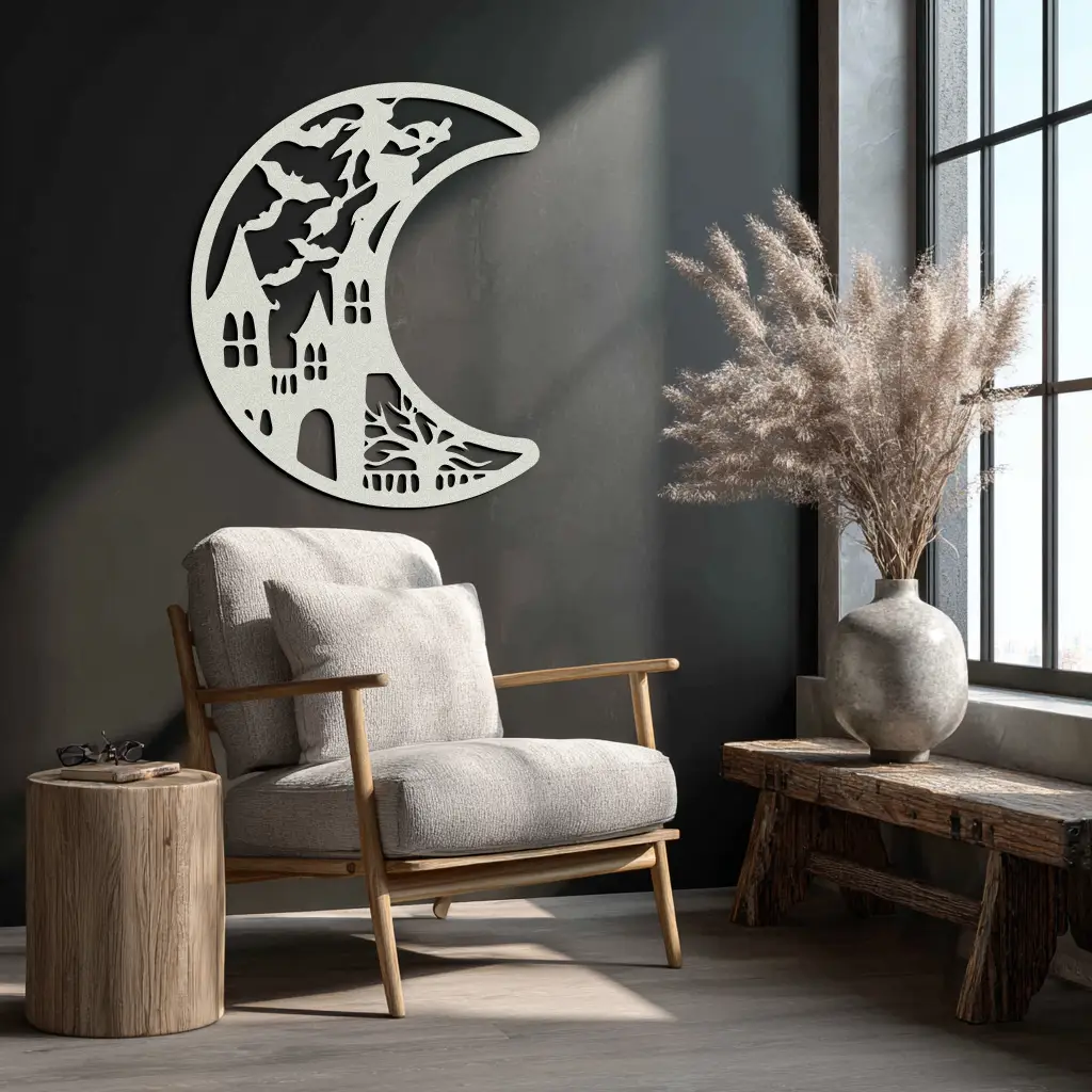 Haunted Moon Halloween Metal Wall Art - Witch & Castle Silhouette - KAF274 by Enova Art