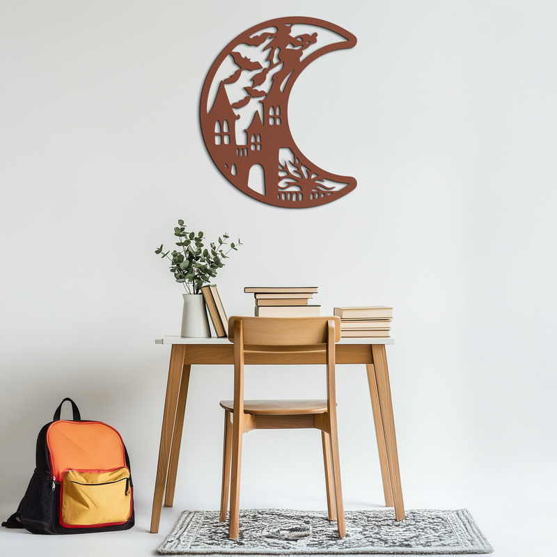 Haunted Moon Halloween Metal Wall Art - Witch & Castle Silhouette - KAF274 by Enova Art