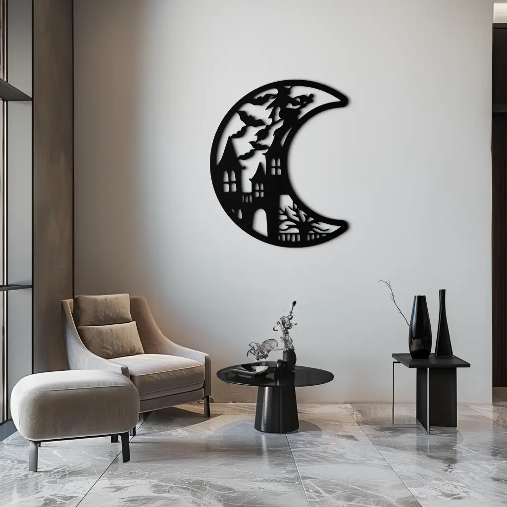 Haunted Moon Halloween Metal Wall Art - Witch & Castle Silhouette - KAF274 by Enova Art