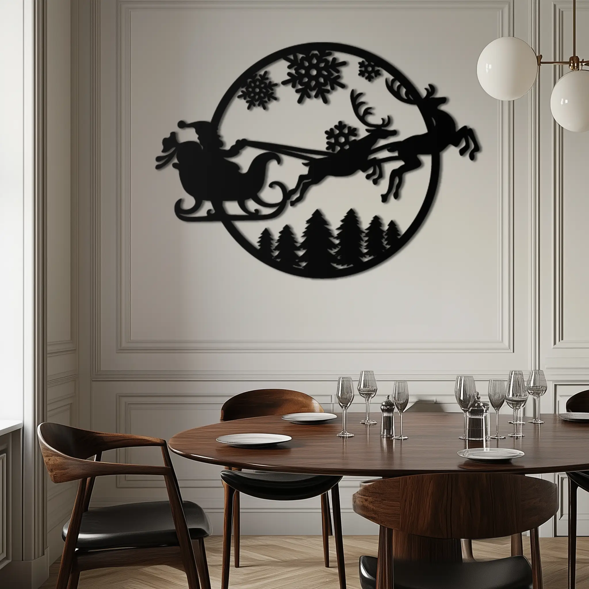 Santa Sleigh Metal Wall Art - Christmas Reindeer & Snowflake Decor- KAF287 by Enova Art