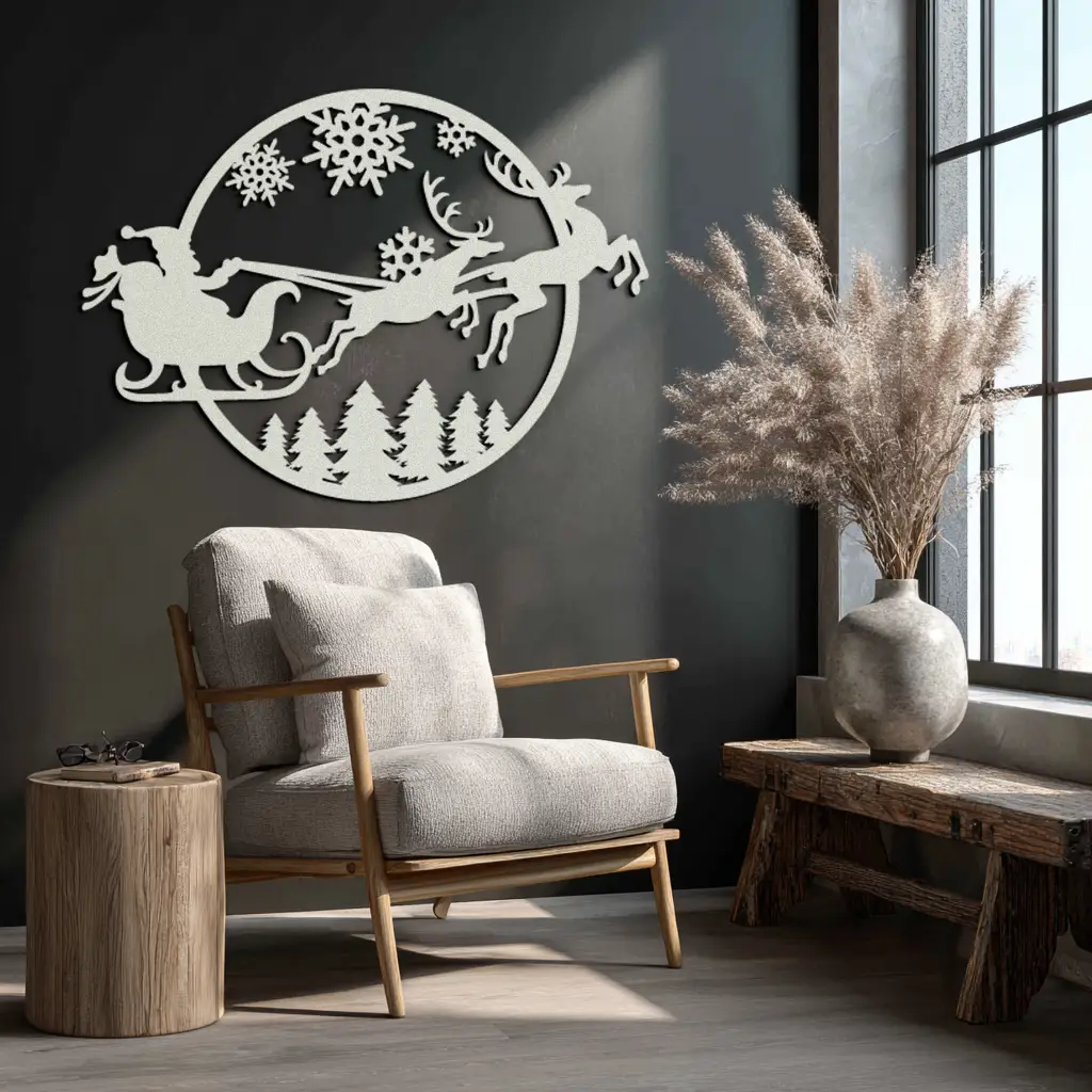 Santa Sleigh Metal Wall Art - Christmas Reindeer & Snowflake Decor- KAF287 by Enova Art