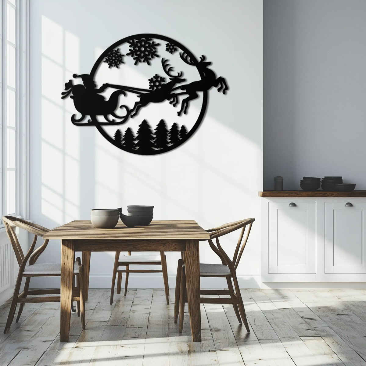 Santa Sleigh Metal Wall Art - Christmas Reindeer & Snowflake Decor- KAF287 by Enova Art
