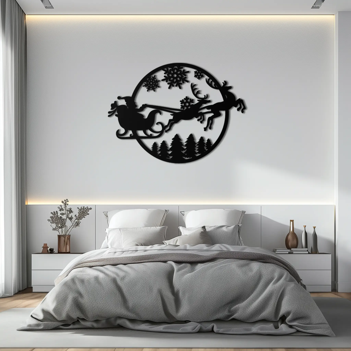 Santa Sleigh Metal Wall Art - Christmas Reindeer & Snowflake Decor- KAF287 by Enova Art