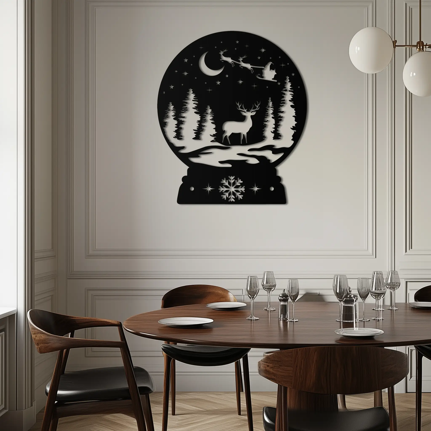 Winter Deer Snow Globe Metal Wall Art - Holiday Forest Scene Decor- KAF302 by Enova Art