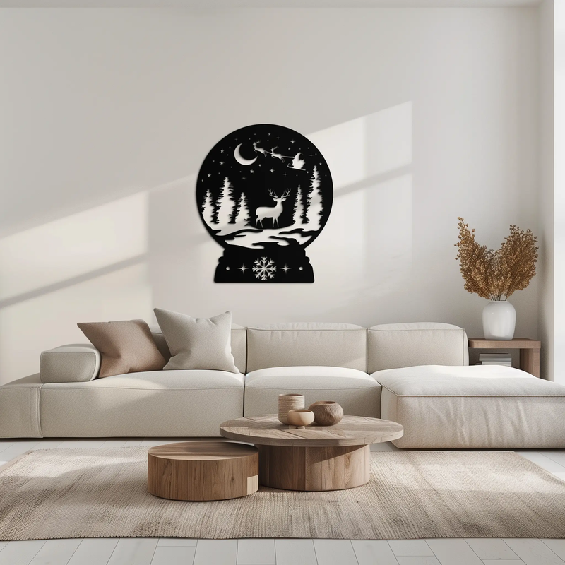 Winter Deer Snow Globe Metal Wall Art - Holiday Forest Scene Decor- KAF302 by Enova Art