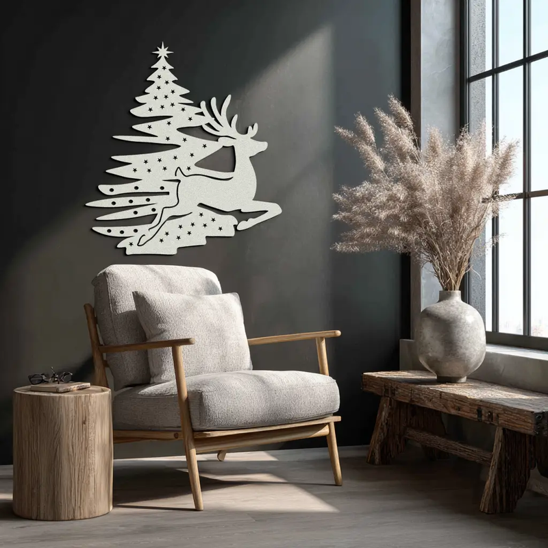 Reindeer and Christmas Tree Metal Wall Art - Festive Holiday Steel Decor- KAF304 by Enova Art