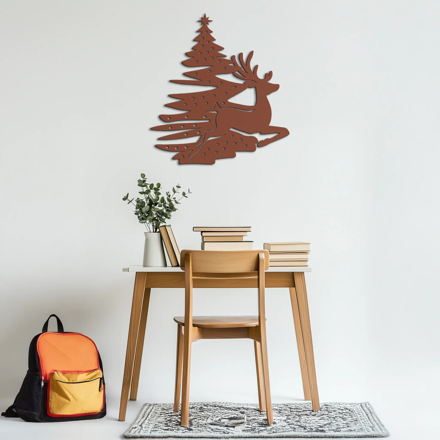 Reindeer and Christmas Tree Metal Wall Art - Festive Holiday Steel Decor- KAF304 by Enova Art