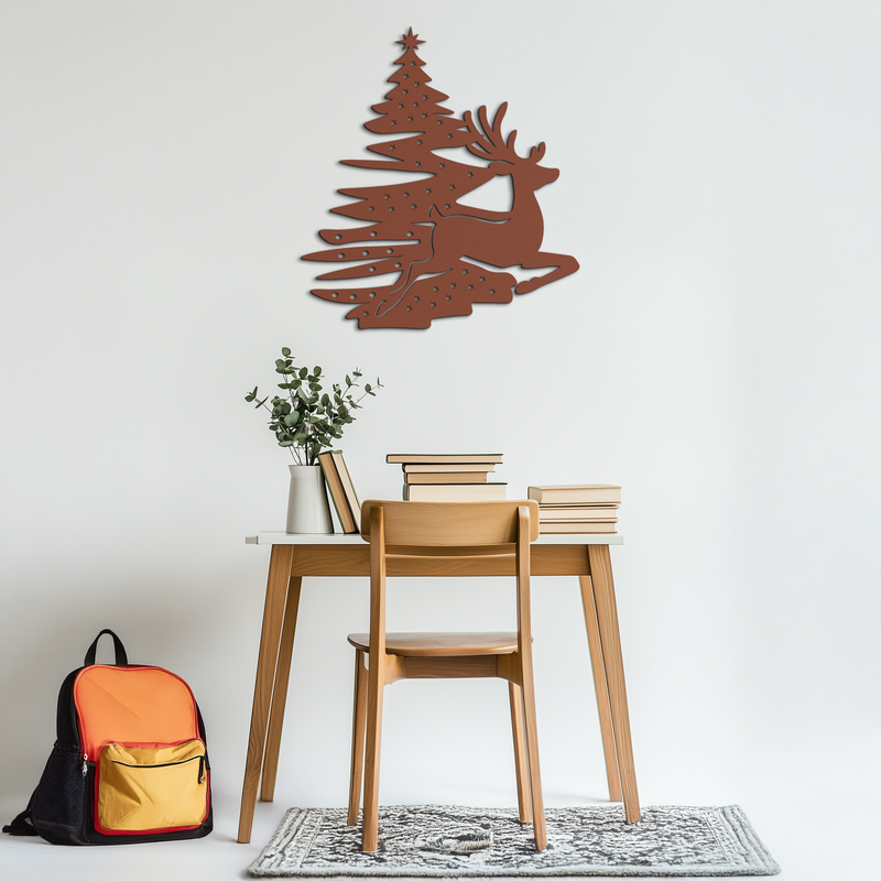 Reindeer and Christmas Tree Metal Wall Art - Festive Holiday Steel Decor- KAF304 by Enova Art