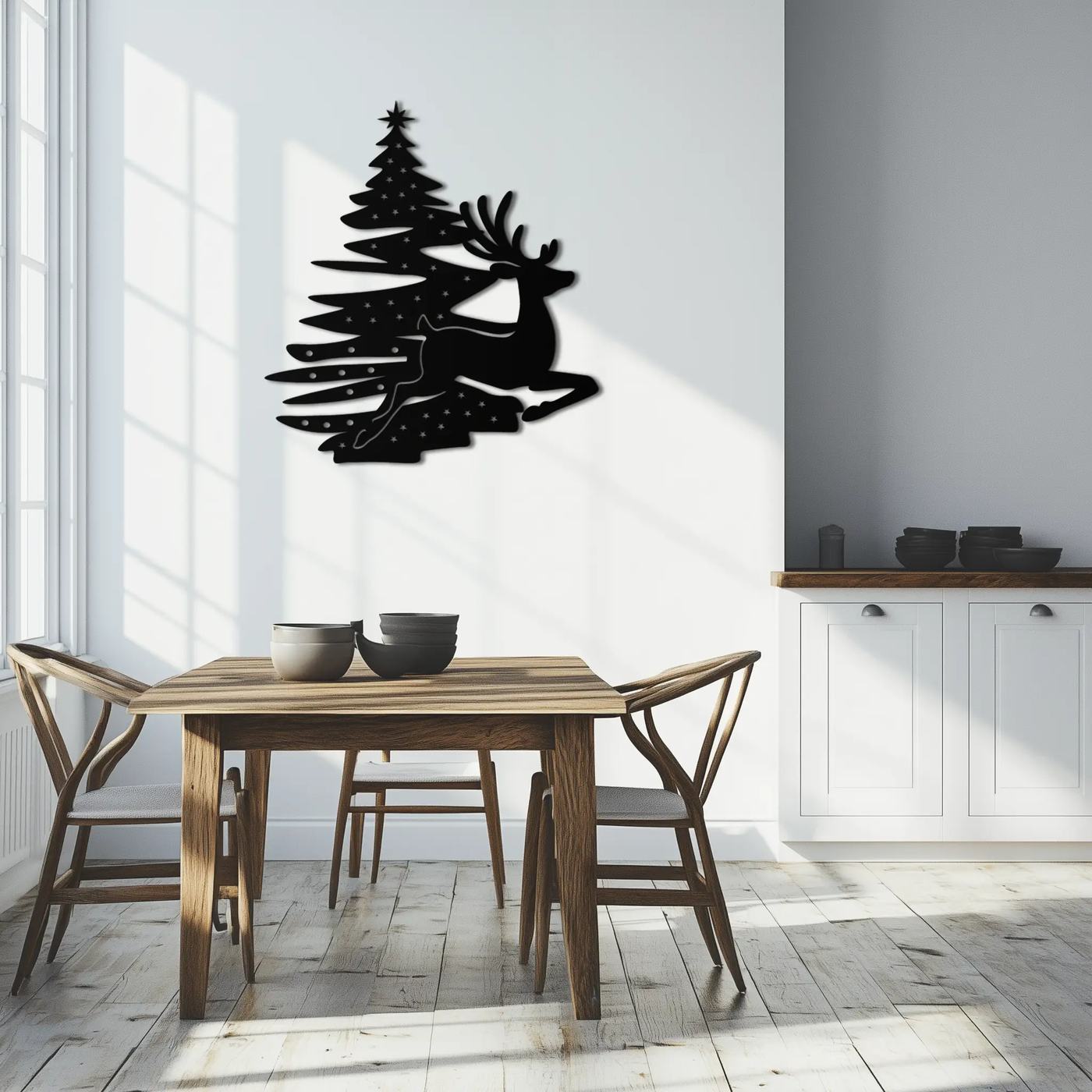 Reindeer and Christmas Tree Metal Wall Art - Festive Holiday Steel Decor- KAF304 by Enova Art