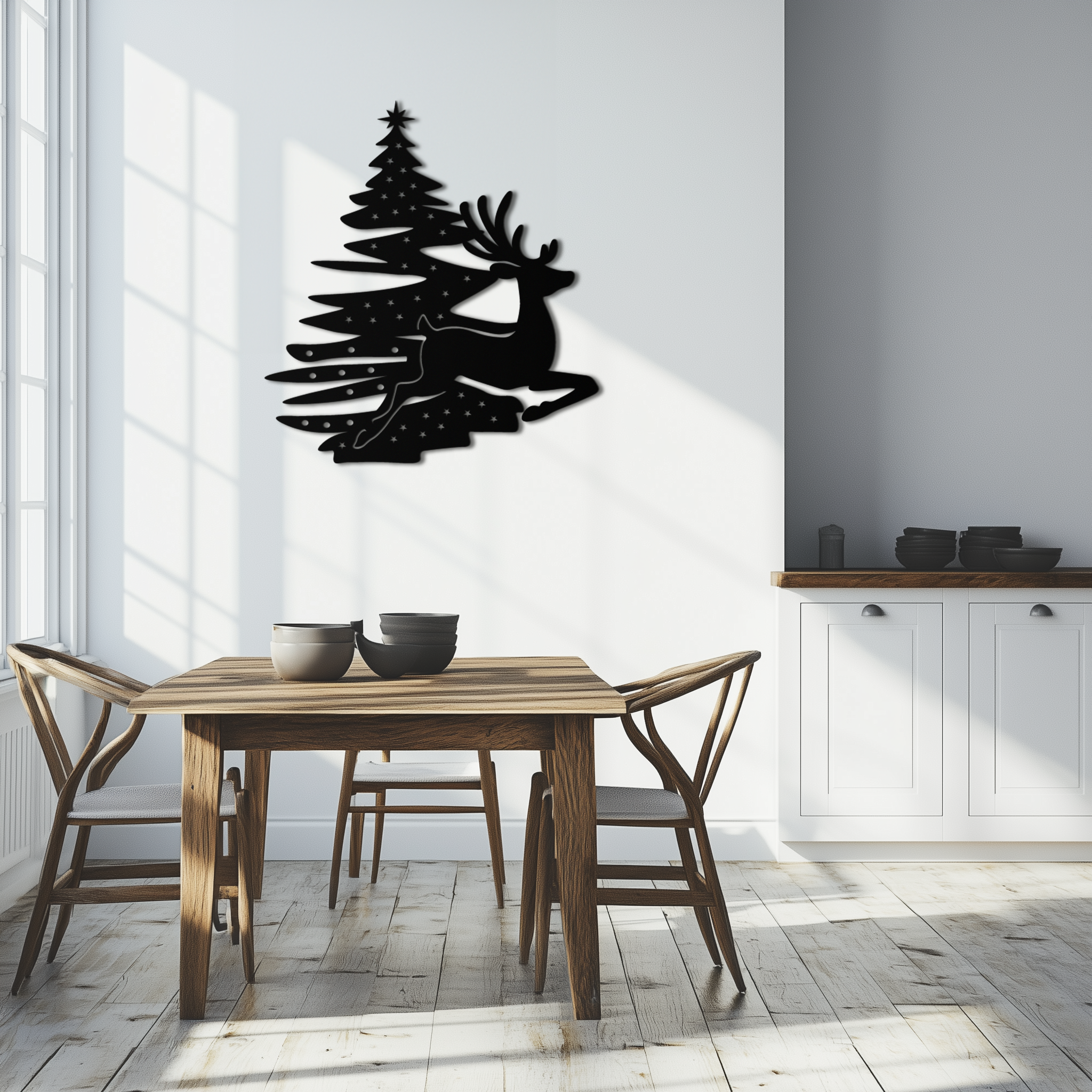 Reindeer and Christmas Tree Metal Wall Art - Festive Holiday Steel Decor- KAF304 by Enova Art