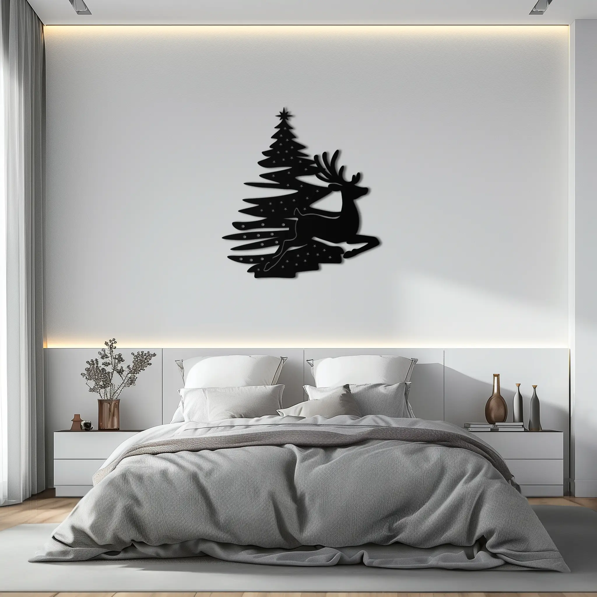 Reindeer and Christmas Tree Metal Wall Art - Festive Holiday Steel Decor- KAF304 by Enova Art