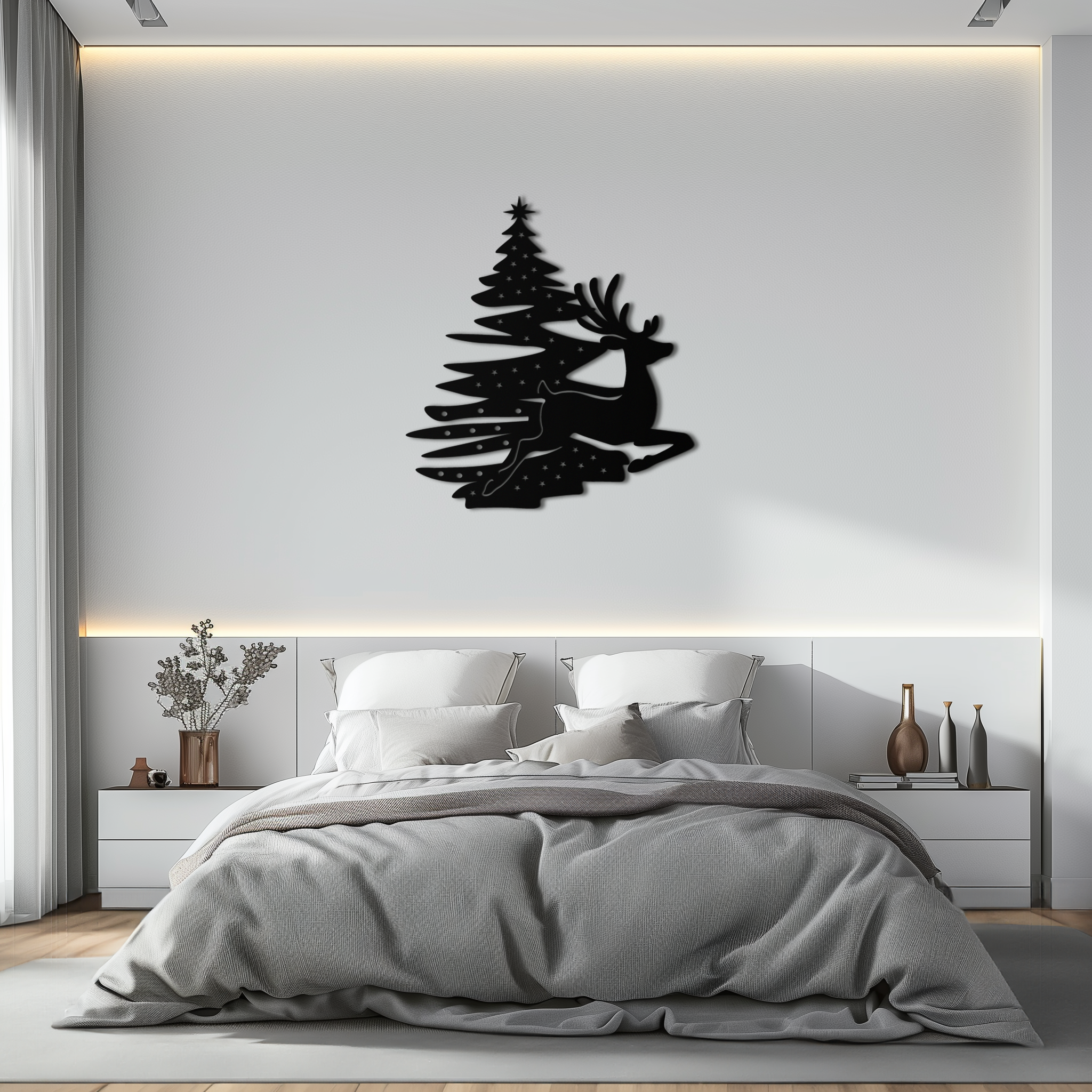 Reindeer and Christmas Tree Metal Wall Art - Festive Holiday Steel Decor- KAF304 by Enova Art