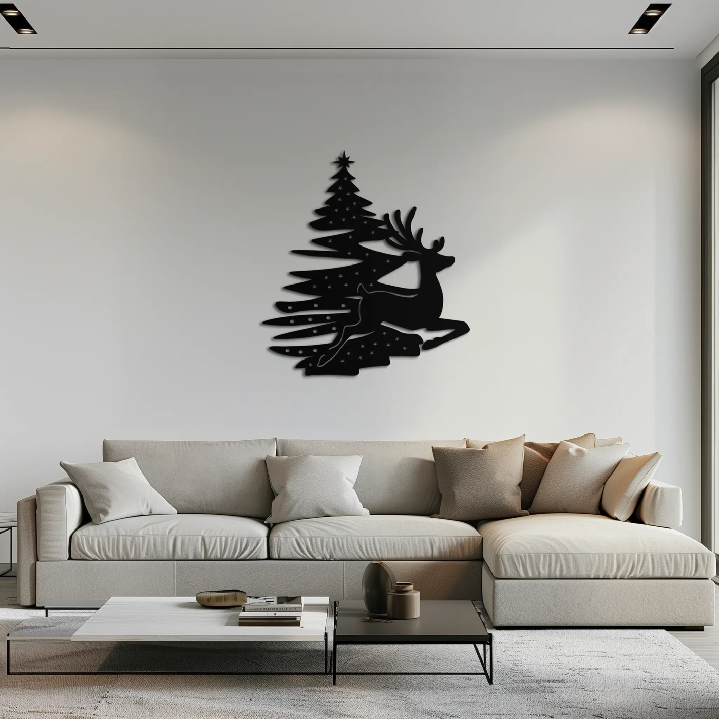 Reindeer and Christmas Tree Metal Wall Art - Festive Holiday Steel Decor- KAF304 by Enova Art