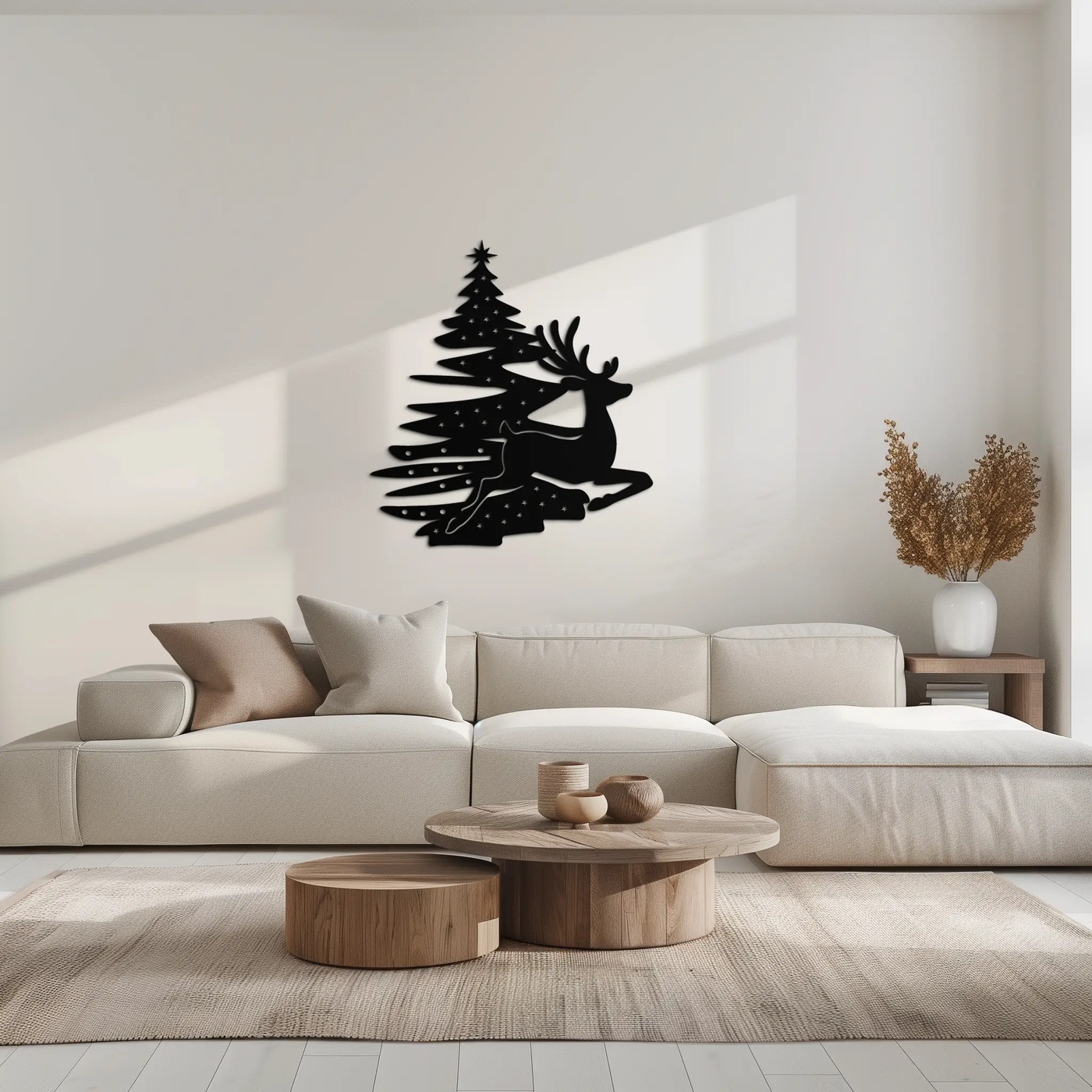 Reindeer and Christmas Tree Metal Wall Art - Festive Holiday Steel Decor- KAF304 by Enova Art