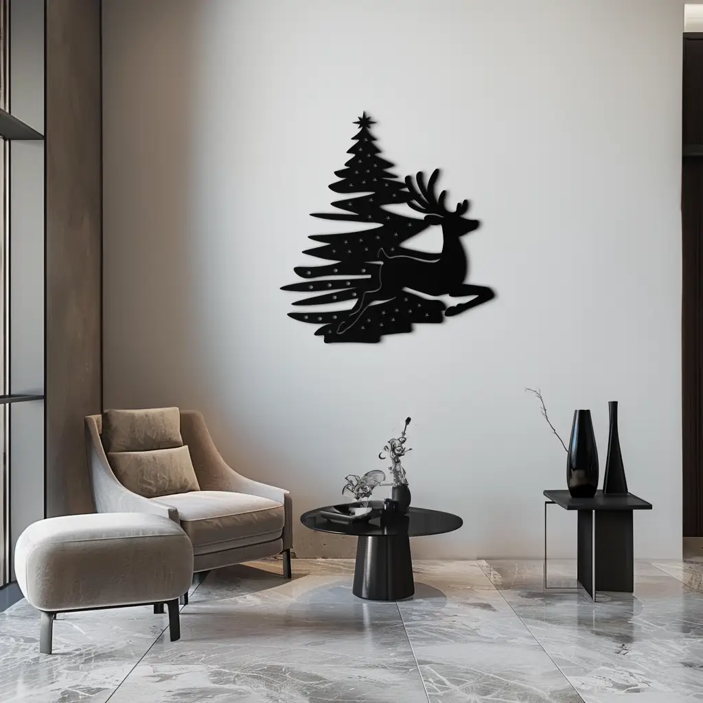 Reindeer and Christmas Tree Metal Wall Art - Festive Holiday Steel Decor- KAF304 by Enova Art