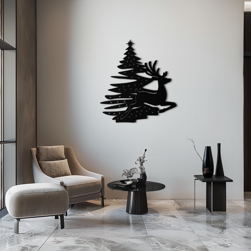 Reindeer and Christmas Tree Metal Wall Art - Festive Holiday Steel Decor- KAF304 by Enova Art