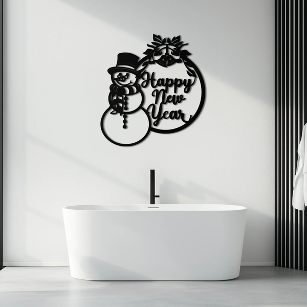 Happy New Year Metal Wall Art - Snowman Holiday Decor for Christmas and Winter- KAF305