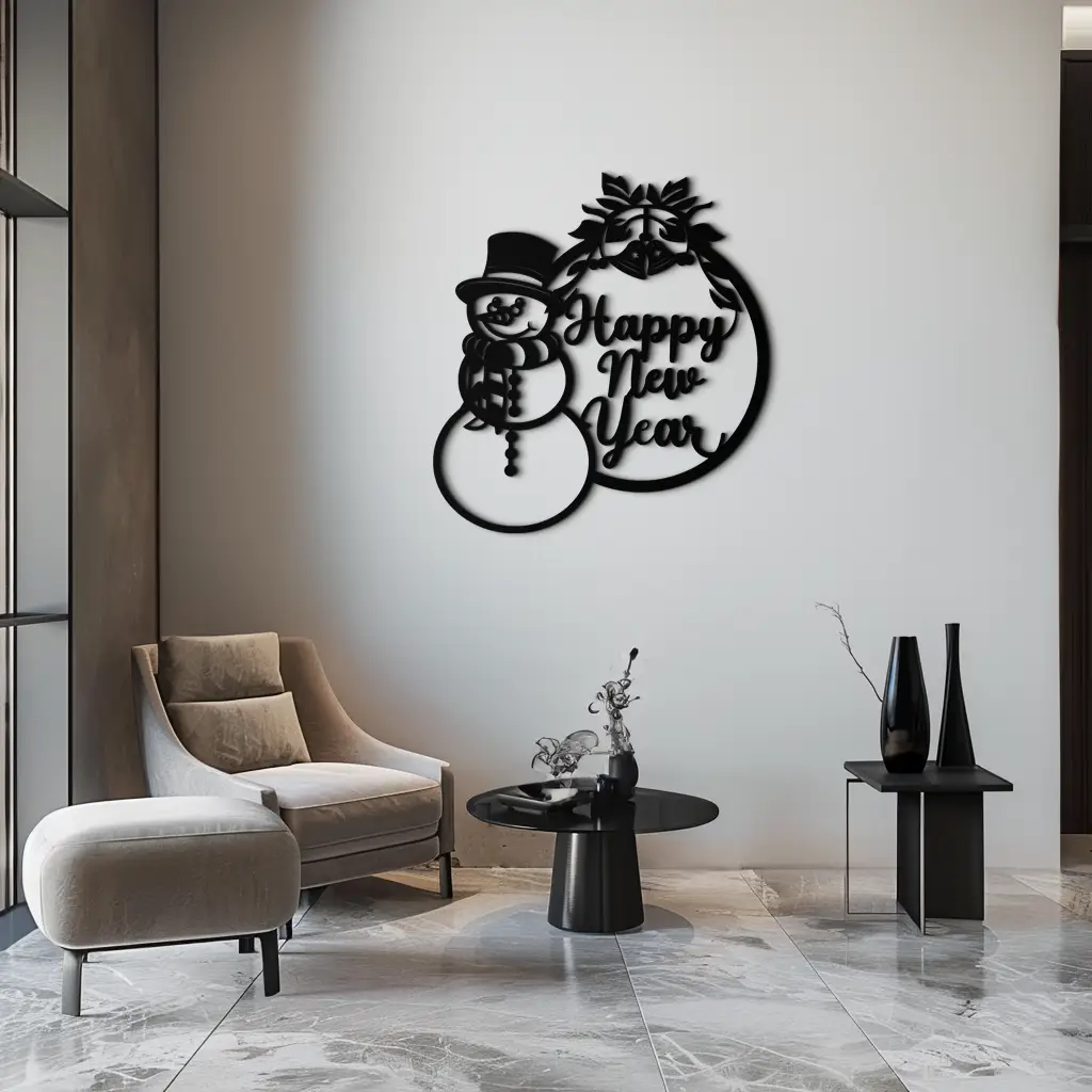 Happy New Year Metal Wall Art - Snowman Holiday Decor for Christmas and Winter- KAF305 by Enova Art