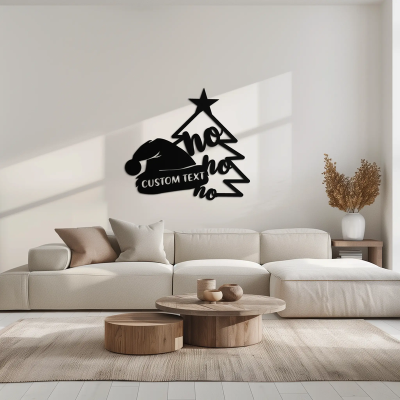 Ho Ho Ho Santa Hat & Tree Metal Wall Art - Customizable Holiday Decor- KAF314 by Enova Art