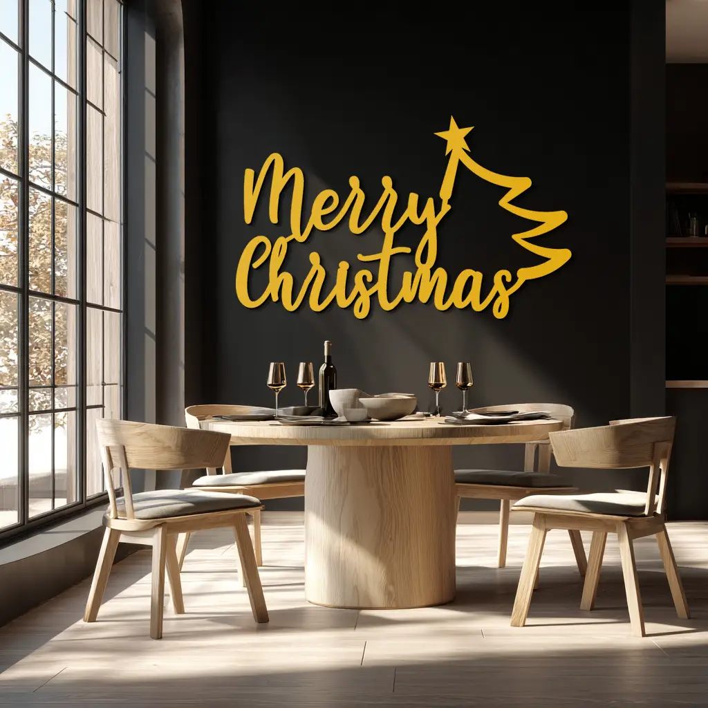 Merry Christmas Tree Metal Wall Art - Holiday Season Script Steel Decor- KAF316 by Enova Art