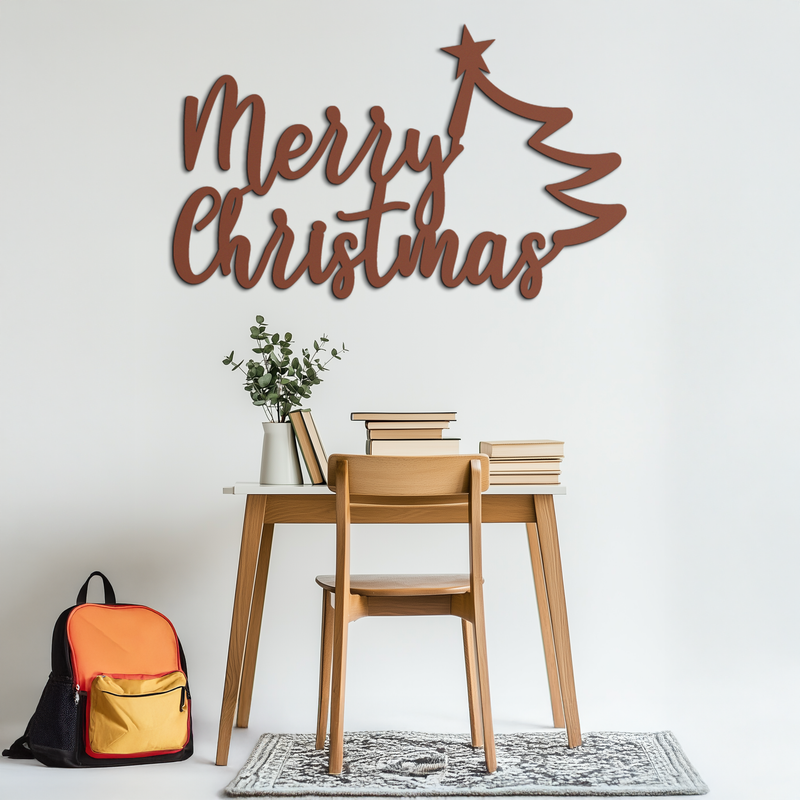 Merry Christmas Tree Metal Wall Art - Holiday Season Script Steel Decor- KAF316 by Enova Art