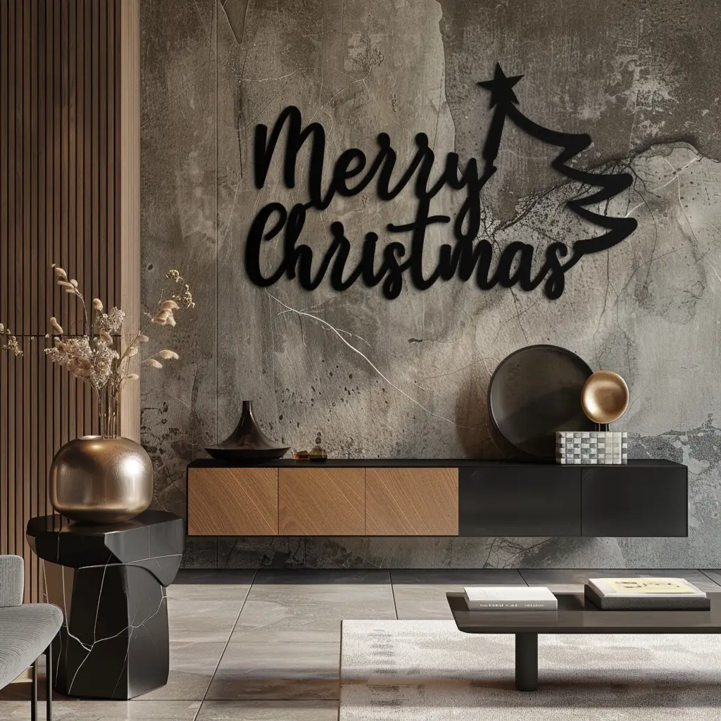 Merry Christmas Tree Metal Wall Art - Holiday Season Script Steel Decor- KAF316 by Enova Art