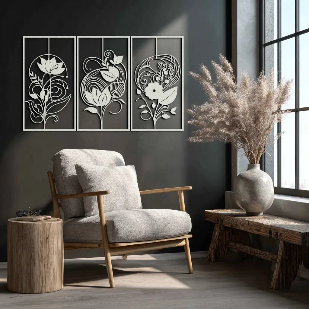 Floral Panel Trio Metal Wall Art - Elegant Black Botanical Wall Decor Set- KAF317 by Enova Art