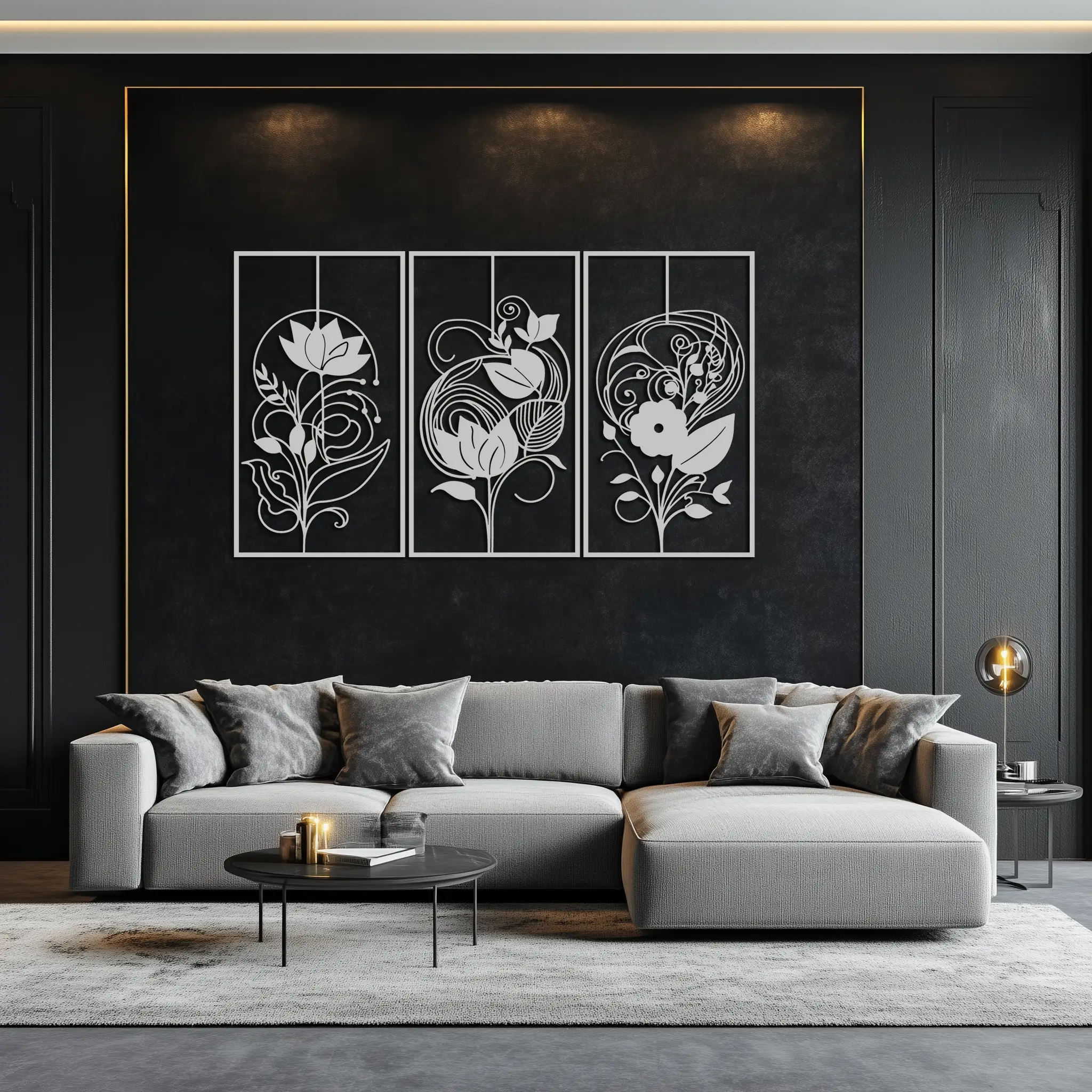 Floral Panel Trio Metal Wall Art - Elegant Black Botanical Wall Decor Set- KAF317 by Enova Art