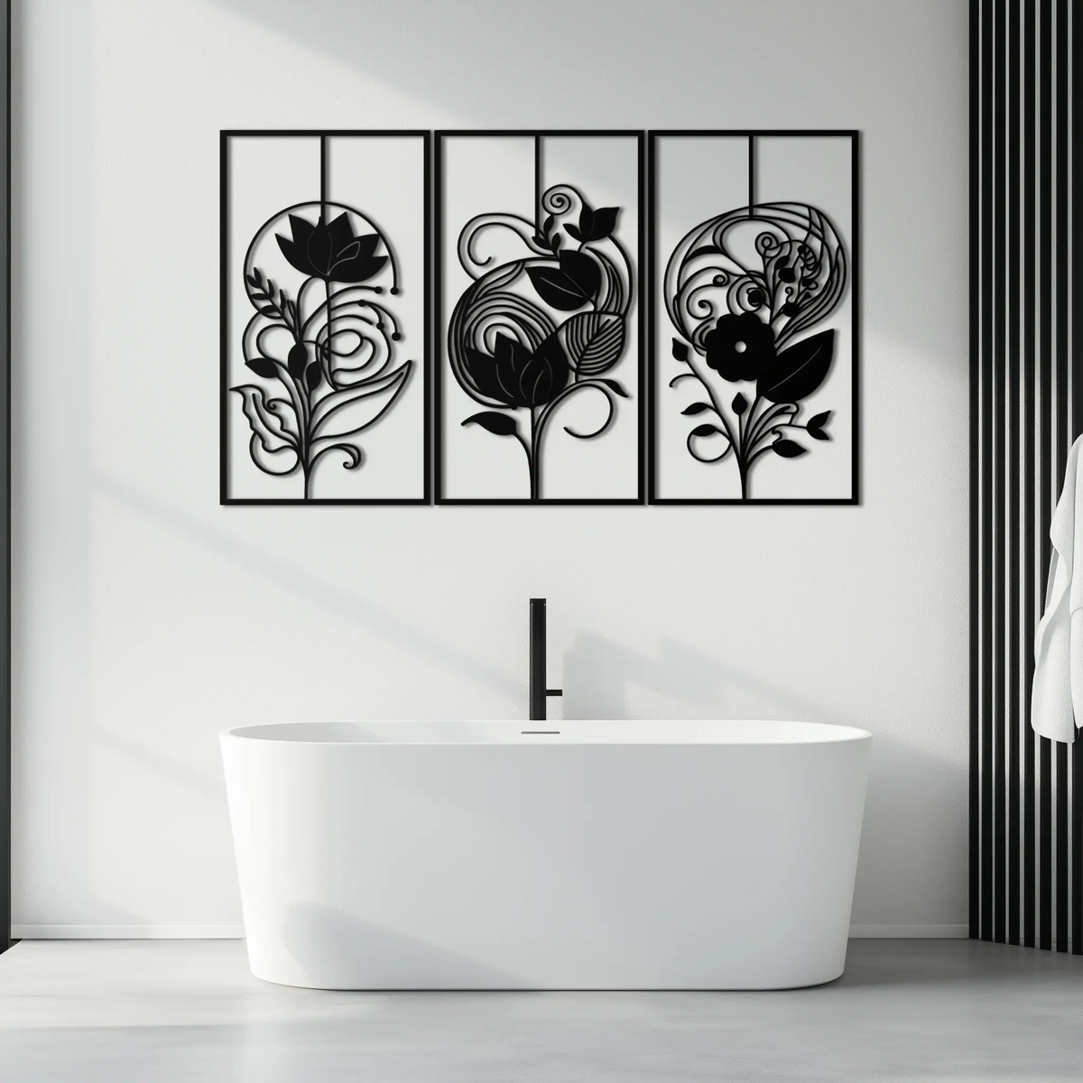 Floral Panel Trio Metal Wall Art - Elegant Black Botanical Wall Decor Set- KAF317 by Enova Art