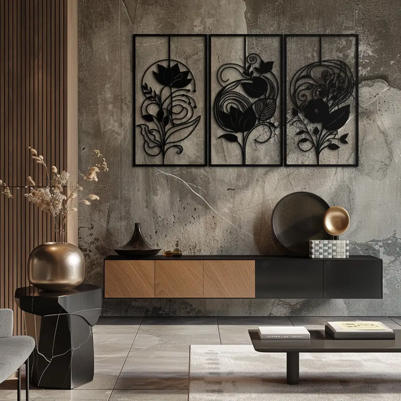 Floral Panel Trio Metal Wall Art - Elegant Black Botanical Wall Decor Set- KAF317 by Enova Art