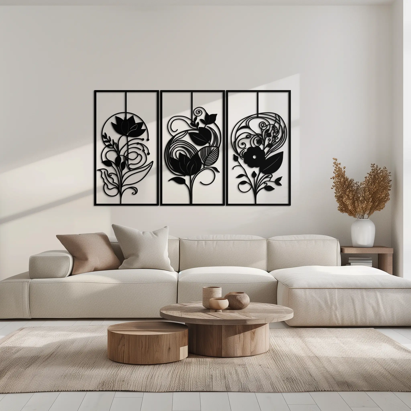 Floral Panel Trio Metal Wall Art - Elegant Black Botanical Wall Decor Set- KAF317 by Enova Art
