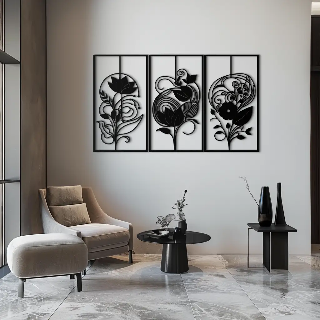 Floral Panel Trio Metal Wall Art - Elegant Black Botanical Wall Decor Set- KAF317 by Enova Art