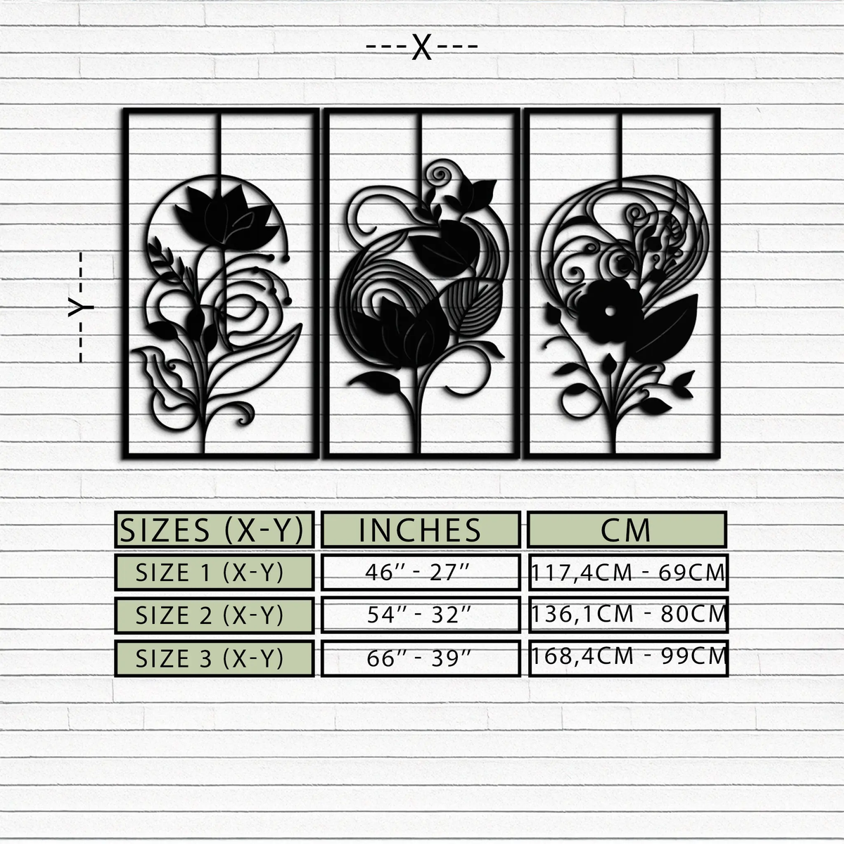 Floral Panel Trio Metal Wall Art - Elegant Black Botanical Wall Decor Set- KAF317 by Enova Art