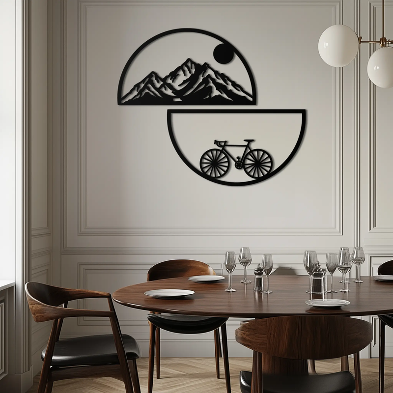 Mountain View Metal Wall Art - Half Circle Bicycle and Landscape Silhouette Decor- KAF321 by Enova Art