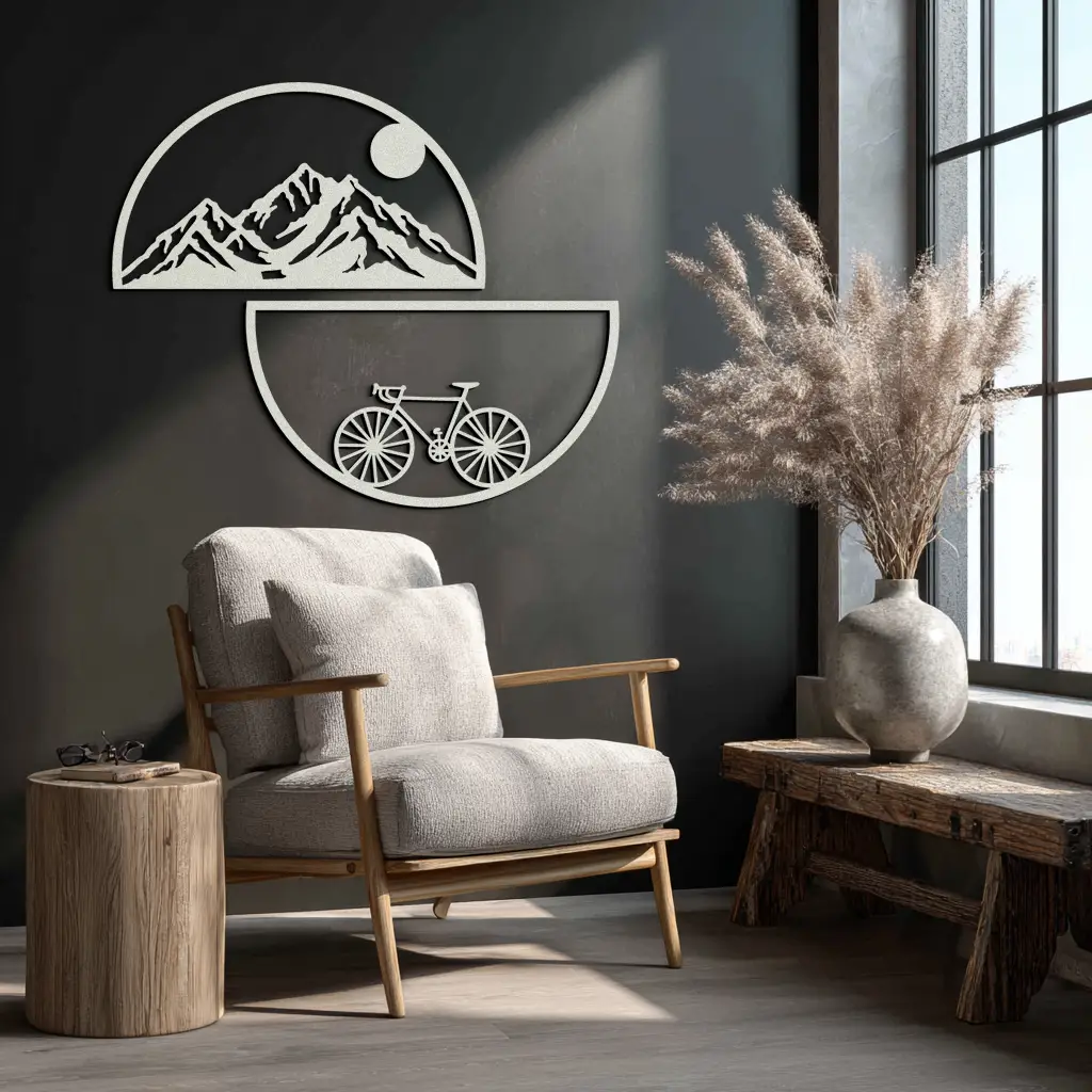 Mountain View Metal Wall Art - Half Circle Bicycle and Landscape Silhouette Decor- KAF321 by Enova Art