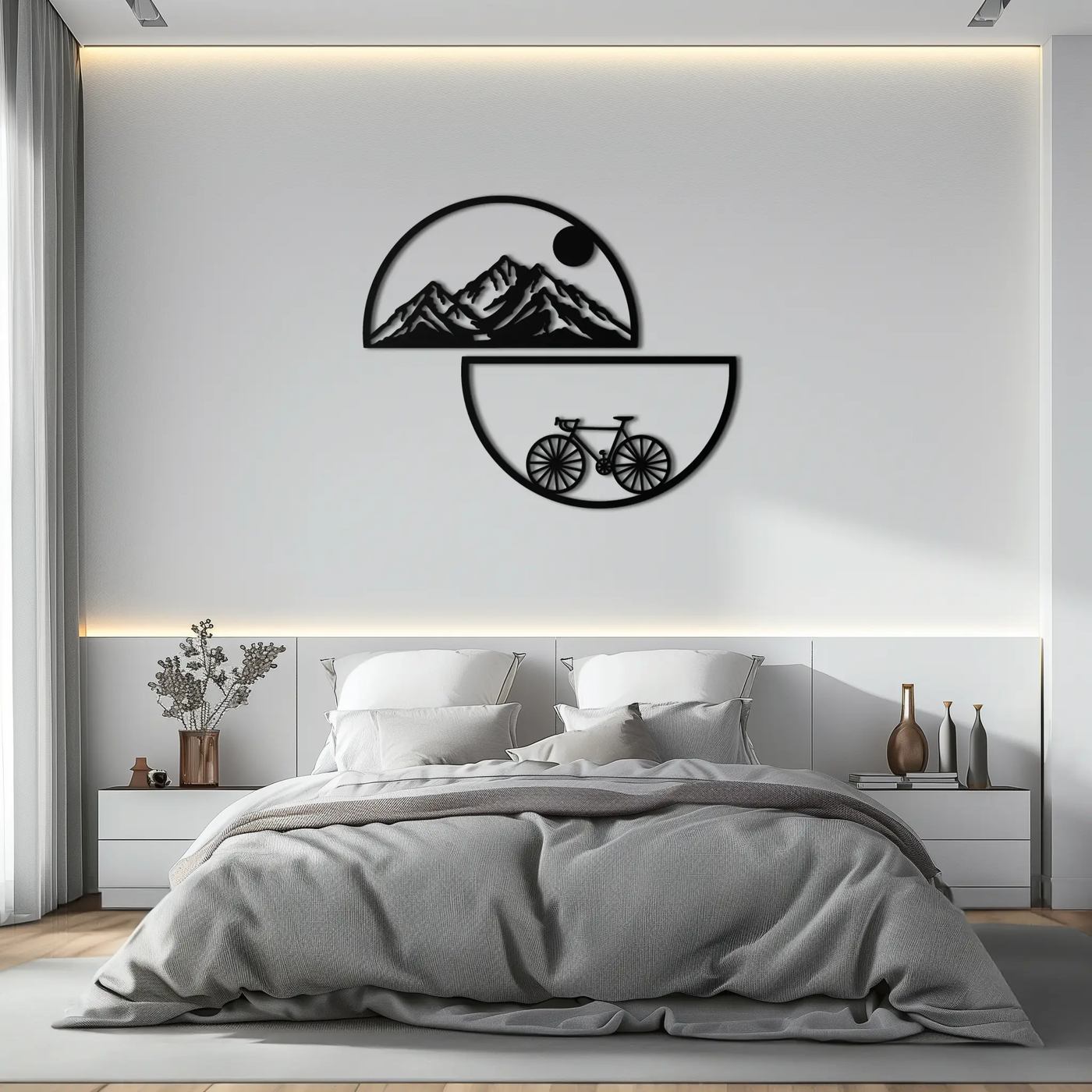 Mountain View Metal Wall Art - Half Circle Bicycle and Landscape Silhouette Decor- KAF321 by Enova Art