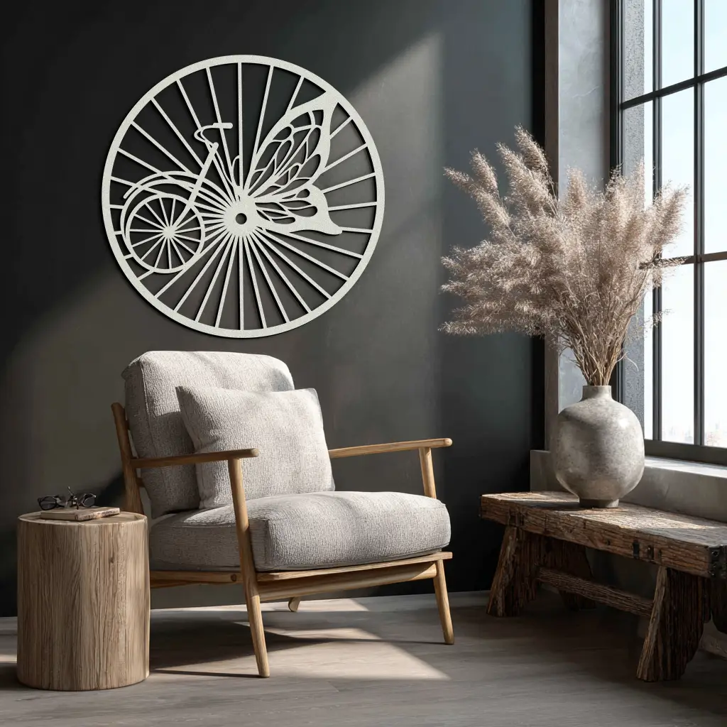 Butterfly Wheel Bicycle Silhouette Metal Wall Art - Elegant Round Nature-Inspired Decor- KAF323 by Enova Art