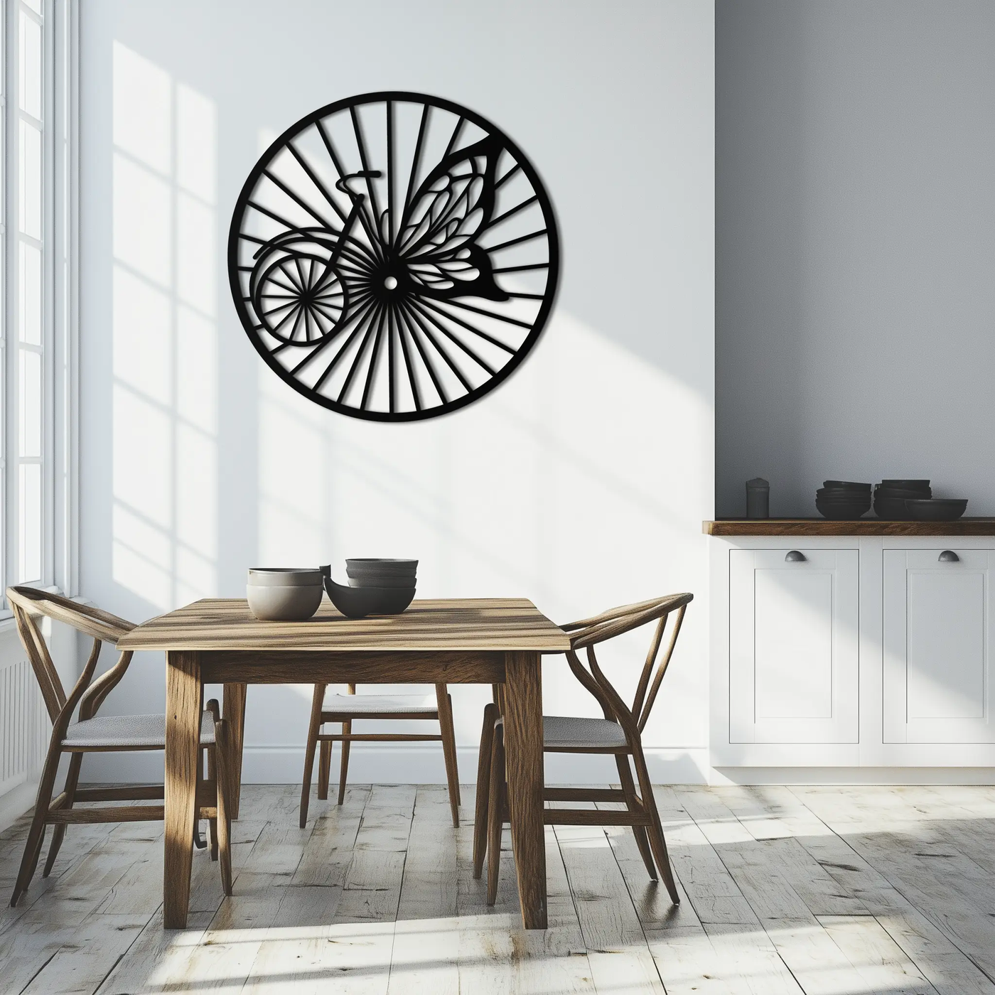 Butterfly Wheel Bicycle Silhouette Metal Wall Art - Elegant Round Nature-Inspired Decor- KAF323 by Enova Art