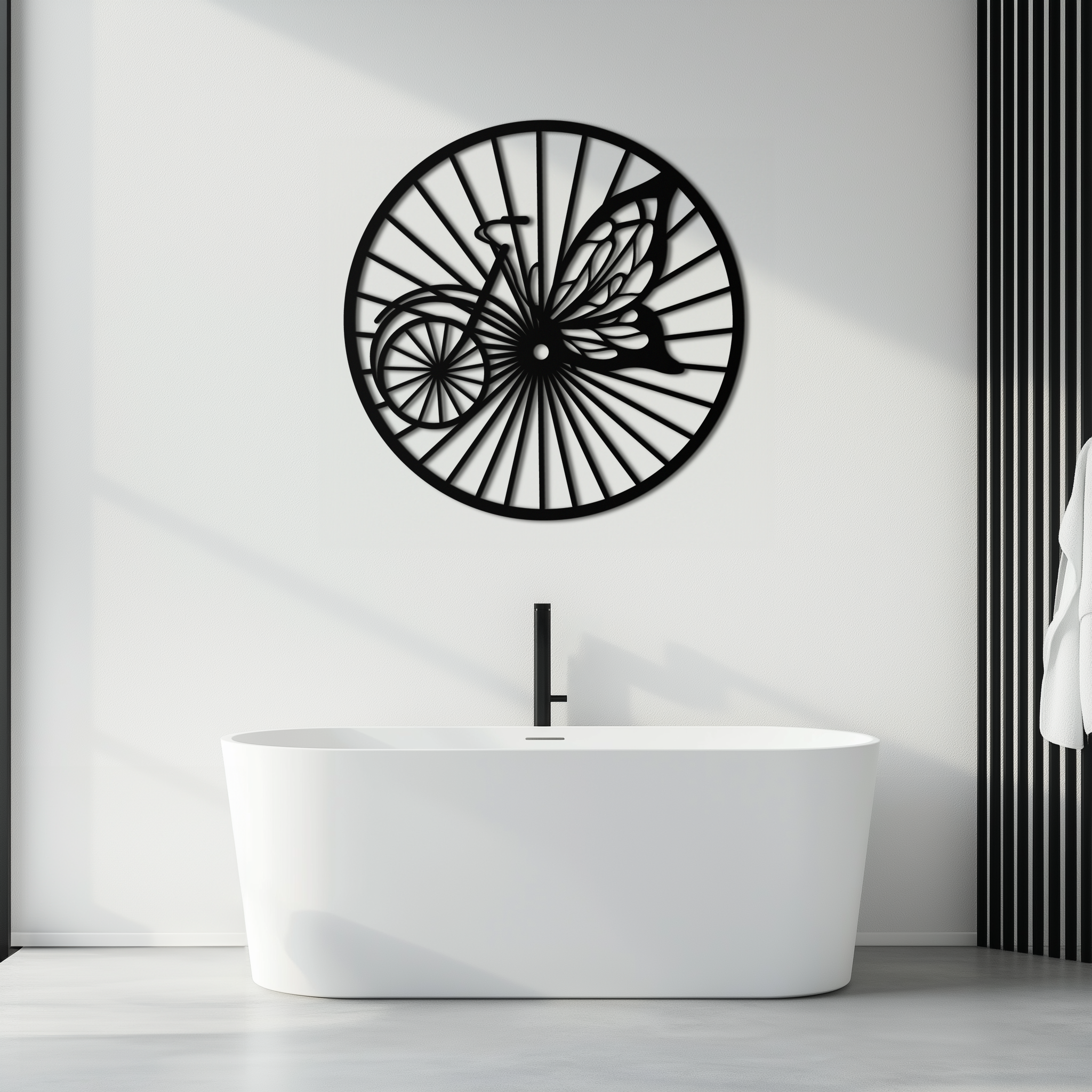 Butterfly Wheel Bicycle Silhouette Metal Wall Art - Elegant Round Nature-Inspired Decor- KAF323 by Enova Art