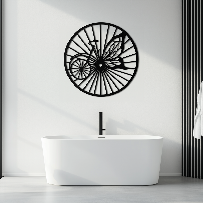Butterfly Wheel Bicycle Silhouette Metal Wall Art - Elegant Round Nature-Inspired Decor- KAF323 by Enova Art