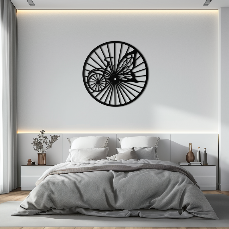 Butterfly Wheel Bicycle Silhouette Metal Wall Art - Elegant Round Nature-Inspired Decor- KAF323 by Enova Art