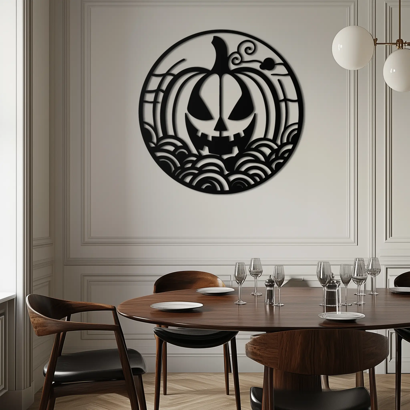 Pumpkin Halloween Silhouette Metal Wall Art – Spooky Round Black Decor- KAF327 by Enova Art