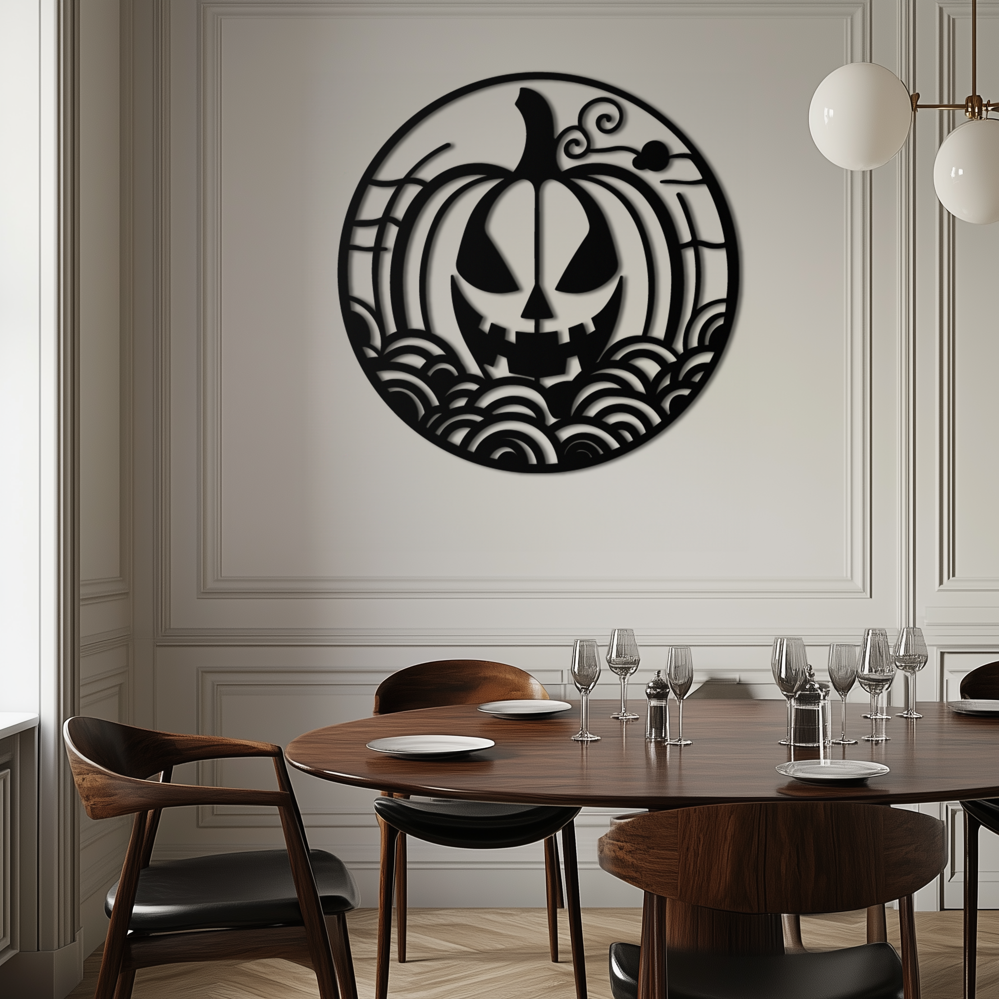 Pumpkin Halloween Silhouette Metal Wall Art – Spooky Round Black Decor- KAF327 by Enova Art