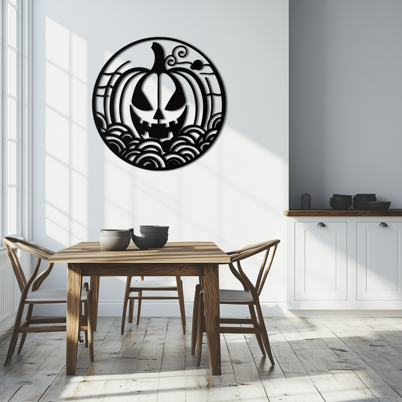 Pumpkin Halloween Silhouette Metal Wall Art – Spooky Round Black Decor- KAF327 by Enova Art