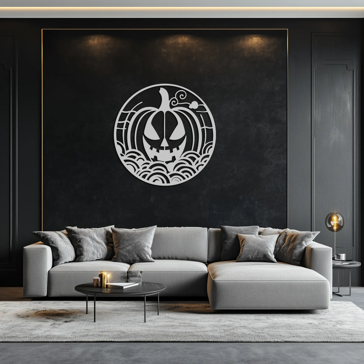 Pumpkin Halloween Silhouette Metal Wall Art – Spooky Round Black Decor- KAF327 by Enova Art