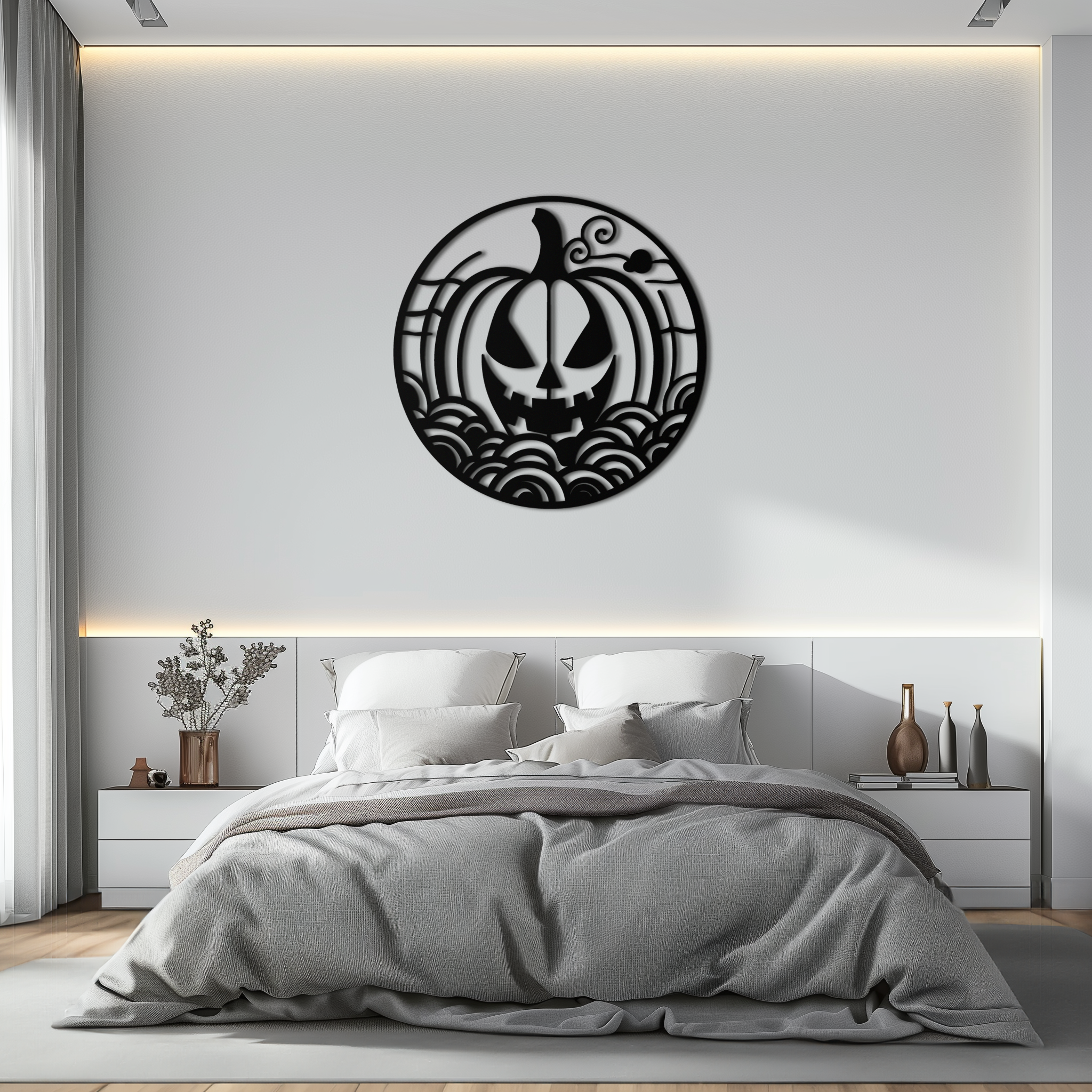 Pumpkin Halloween Silhouette Metal Wall Art – Spooky Round Black Decor- KAF327 by Enova Art