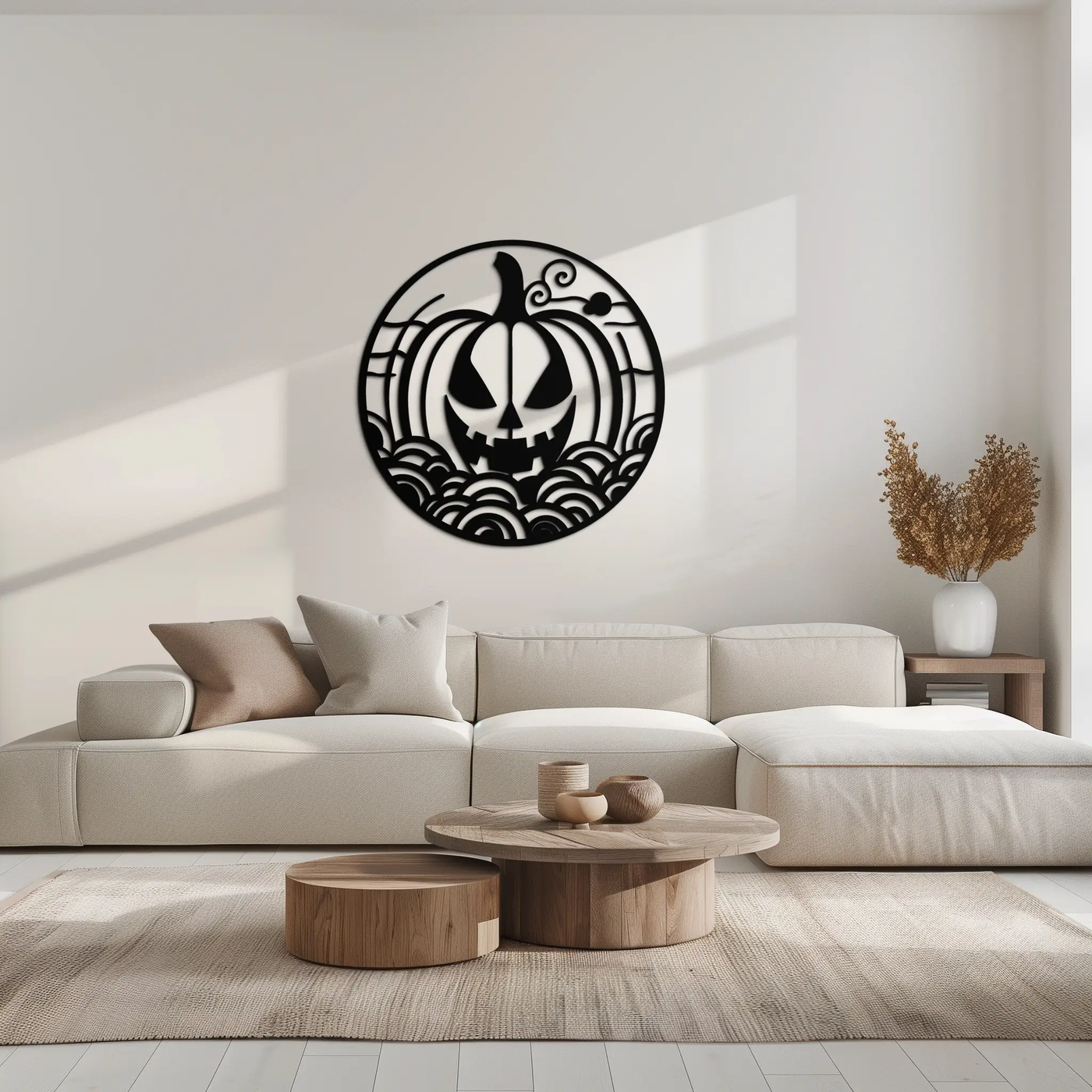 Pumpkin Halloween Silhouette Metal Wall Art – Spooky Round Black Decor- KAF327 by Enova Art